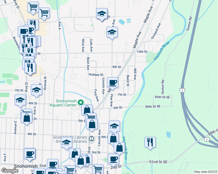 map of restaurants, bars, coffee shops, grocery stores, and more near 701 Lincoln Avenue in Snohomish