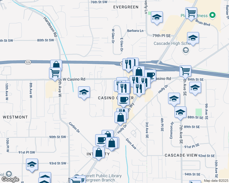 map of restaurants, bars, coffee shops, grocery stores, and more near 2 West Casino Road in Everett