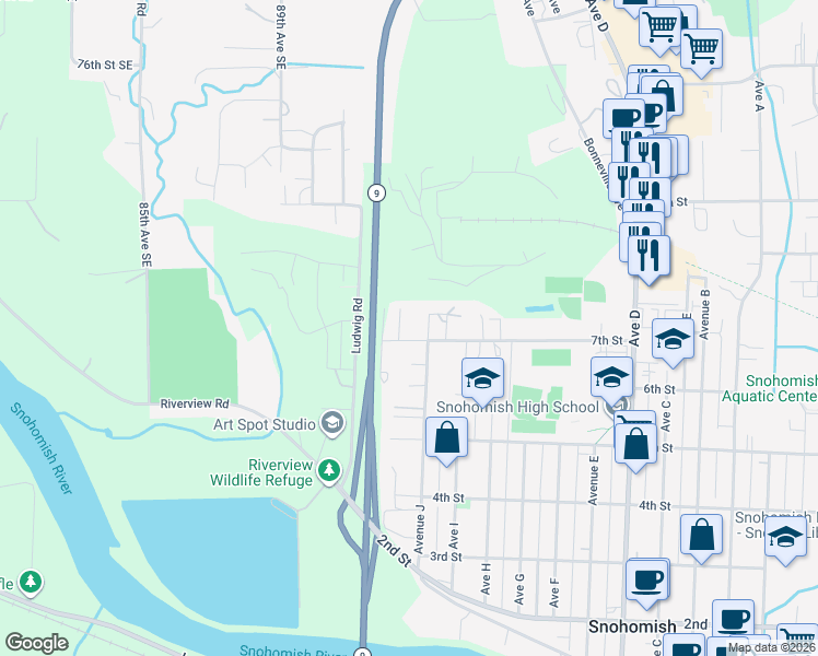 map of restaurants, bars, coffee shops, grocery stores, and more near 702 Avenue K in Snohomish