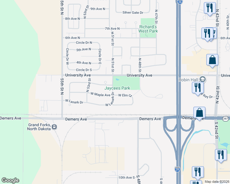 map of restaurants, bars, coffee shops, grocery stores, and more near 5001 West Elm Court in Grand Forks