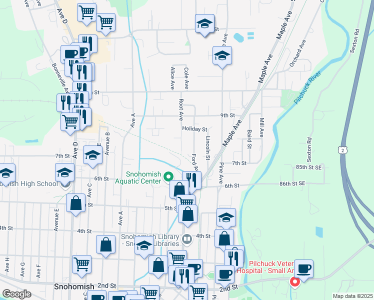 map of restaurants, bars, coffee shops, grocery stores, and more near 700 Ford Avenue in Snohomish
