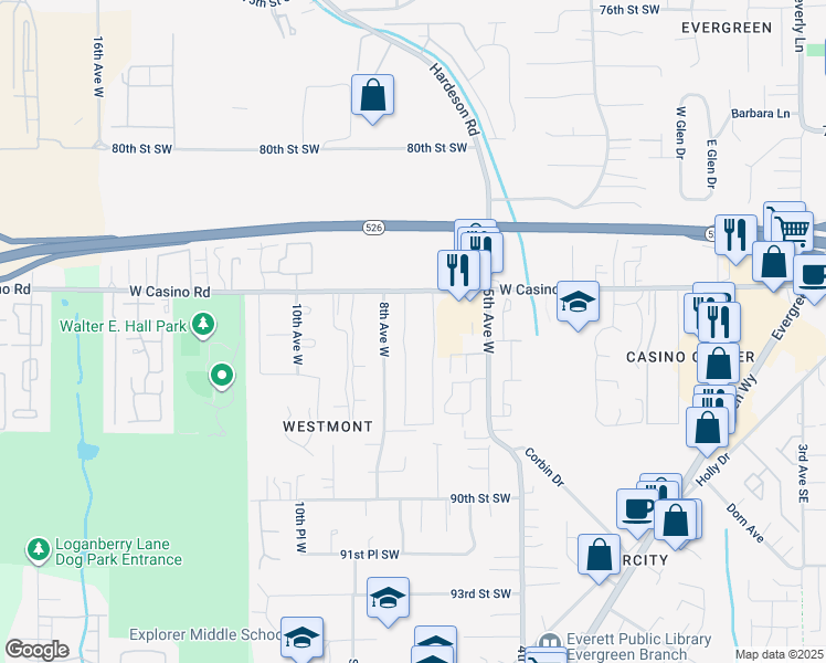 map of restaurants, bars, coffee shops, grocery stores, and more near 702 West Casino Road in Everett