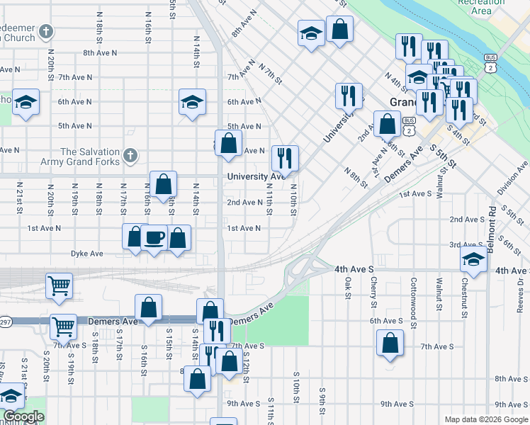 map of restaurants, bars, coffee shops, grocery stores, and more near 1106 1st Avenue North in Grand Forks