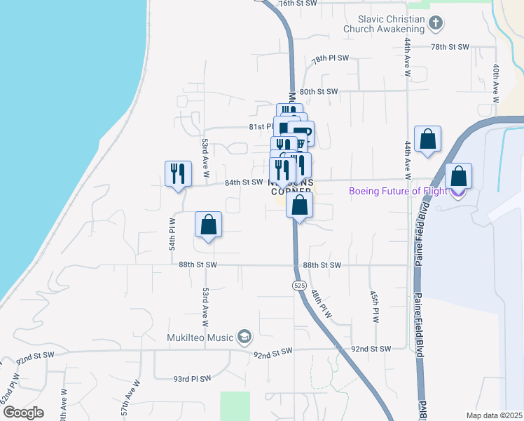map of restaurants, bars, coffee shops, grocery stores, and more near 4910 Courtyard Lane in Mukilteo