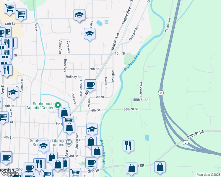 map of restaurants, bars, coffee shops, grocery stores, and more near 720 Mill Avenue in Snohomish