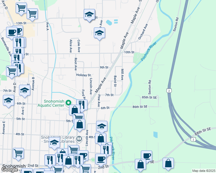 map of restaurants, bars, coffee shops, grocery stores, and more near 713 Victor Avenue in Snohomish