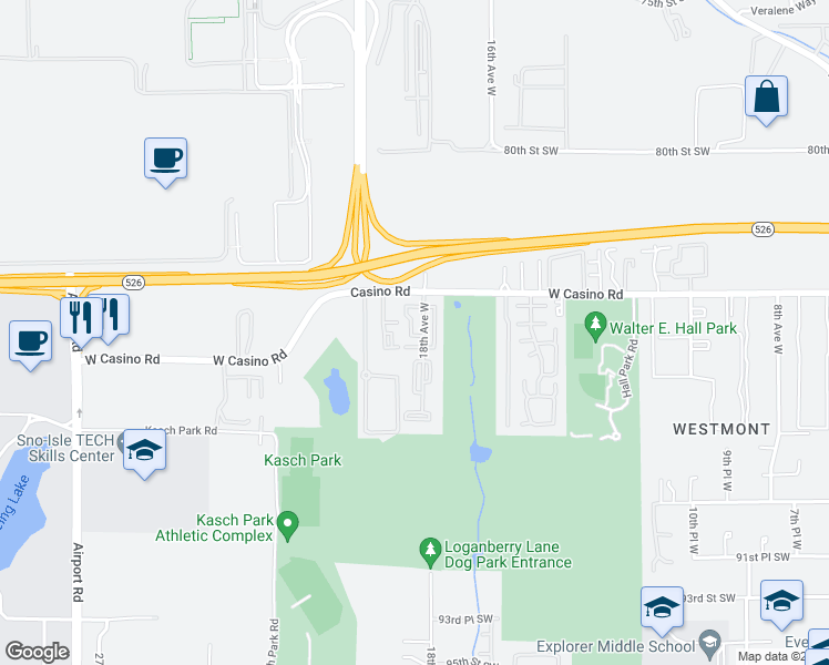 map of restaurants, bars, coffee shops, grocery stores, and more near 10 18th Avenue West in Everett