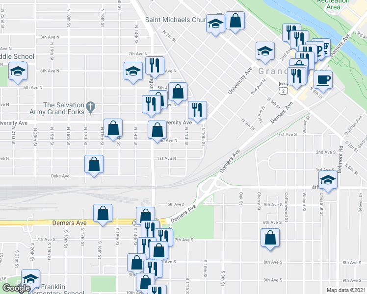 map of restaurants, bars, coffee shops, grocery stores, and more near 1106 1st Avenue North in Grand Forks