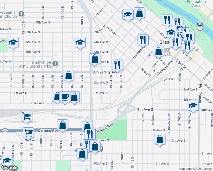 map of restaurants, bars, coffee shops, grocery stores, and more near 1106 1st Avenue North in Grand Forks