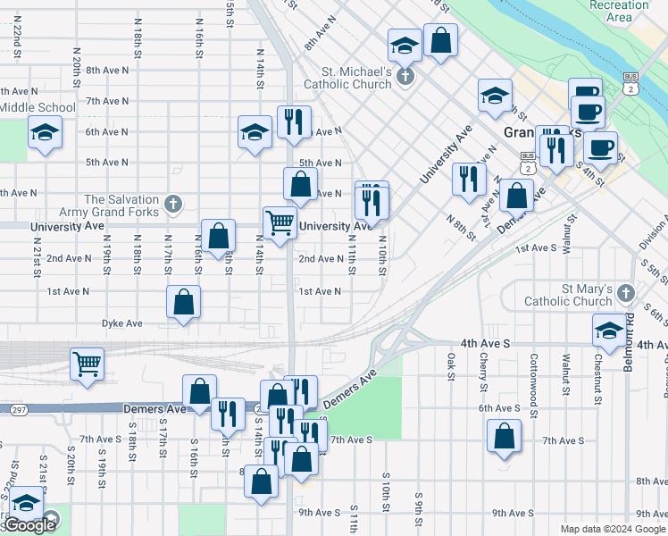 map of restaurants, bars, coffee shops, grocery stores, and more near 1106 1st Avenue North in Grand Forks