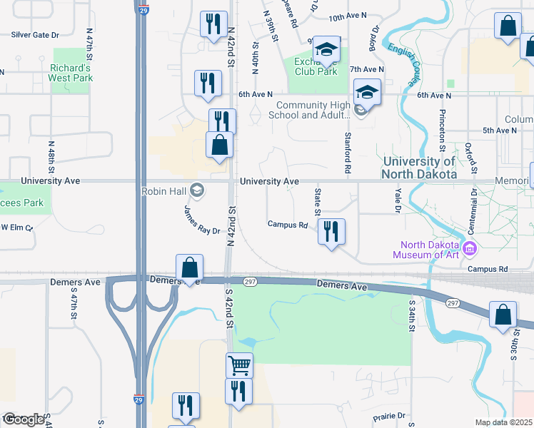 map of restaurants, bars, coffee shops, grocery stores, and more near in Grand Forks