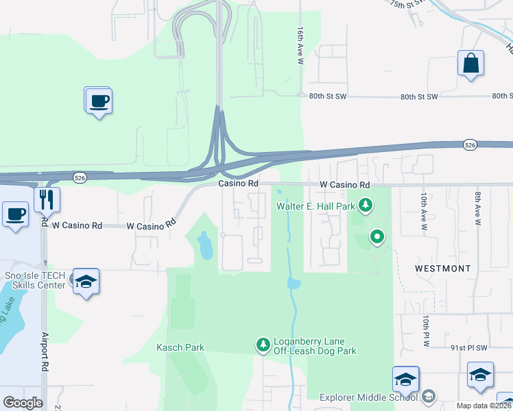 map of restaurants, bars, coffee shops, grocery stores, and more near 8407 18th Avenue West in Everett