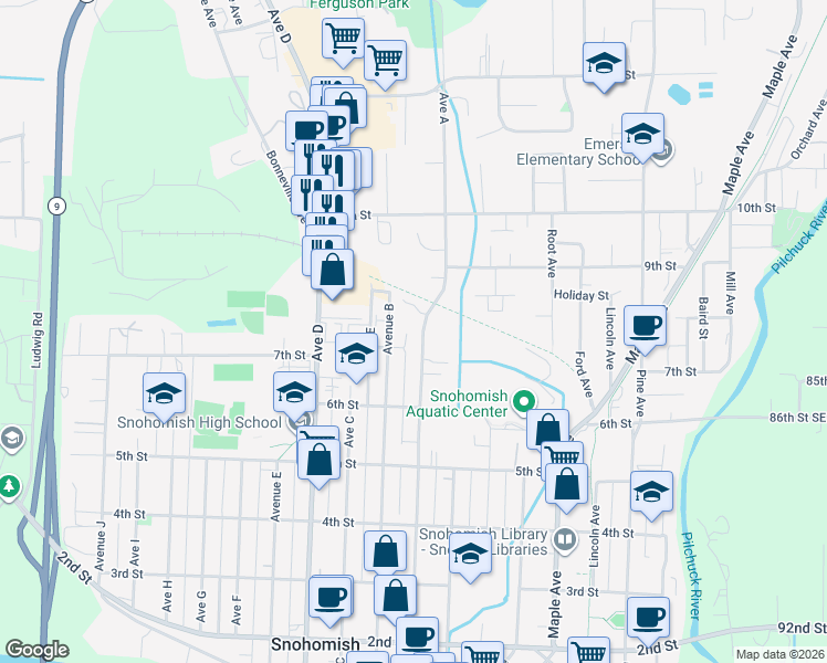 map of restaurants, bars, coffee shops, grocery stores, and more near 1001 7th Street in Snohomish