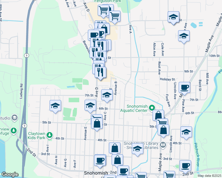 map of restaurants, bars, coffee shops, grocery stores, and more near 630 Avenue B in Snohomish