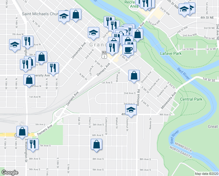 map of restaurants, bars, coffee shops, grocery stores, and more near 202 Cottonwood Street in Grand Forks