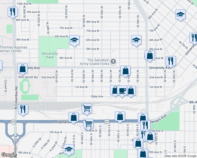 map of restaurants, bars, coffee shops, grocery stores, and more near 1812 1st Avenue North in Grand Forks