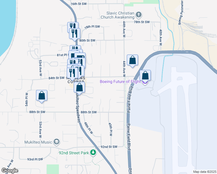 map of restaurants, bars, coffee shops, grocery stores, and more near 4514 84th Street Southwest in Mukilteo