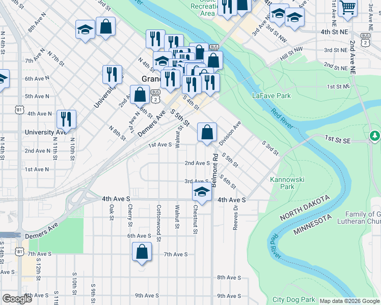 map of restaurants, bars, coffee shops, grocery stores, and more near 124 Chestnut Street in Grand Forks