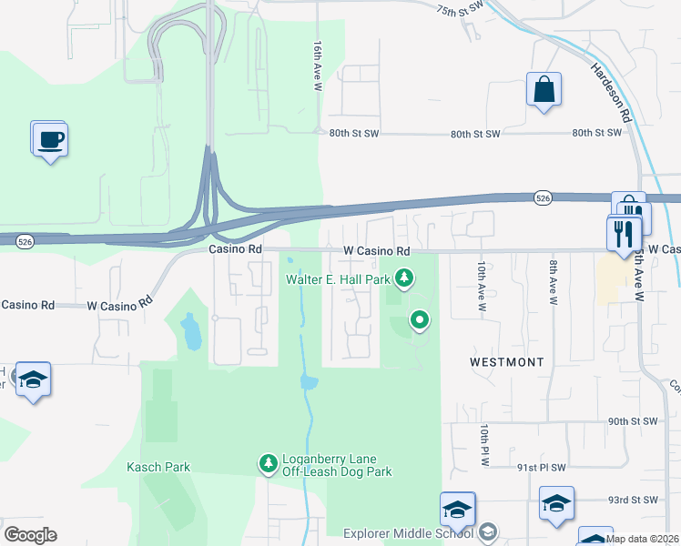 map of restaurants, bars, coffee shops, grocery stores, and more near 1430 West Casino Road in Everett