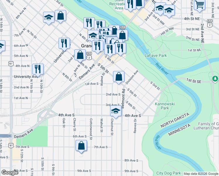 map of restaurants, bars, coffee shops, grocery stores, and more near 124 Chestnut Street in Grand Forks