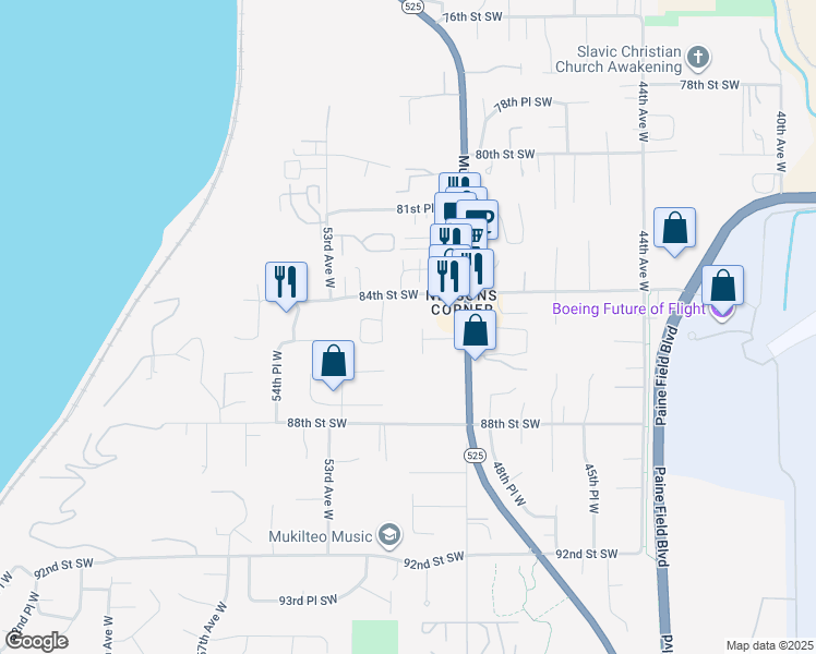 map of restaurants, bars, coffee shops, grocery stores, and more near 4910 Courtyard Lane in Mukilteo
