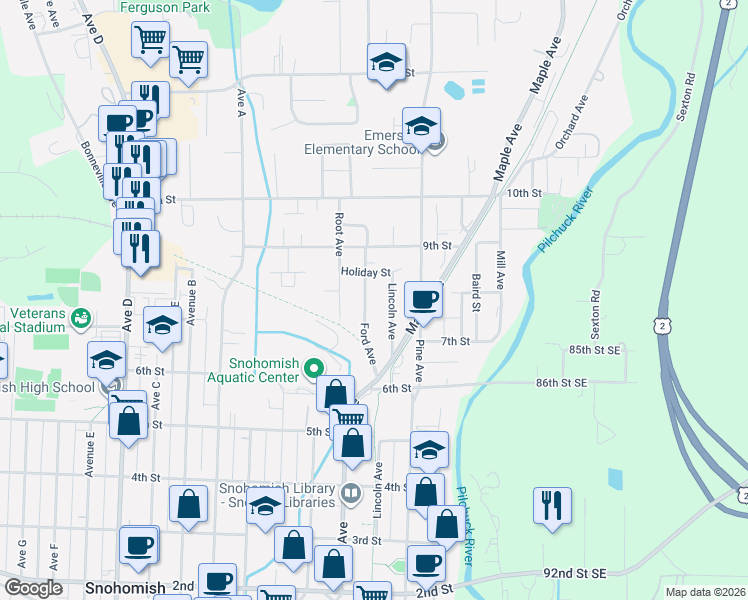 map of restaurants, bars, coffee shops, grocery stores, and more near 715 Ford Avenue in Snohomish