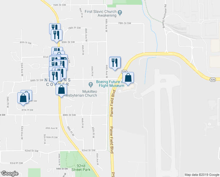 map of restaurants, bars, coffee shops, grocery stores, and more near 8425 44th Avenue West in Mukilteo