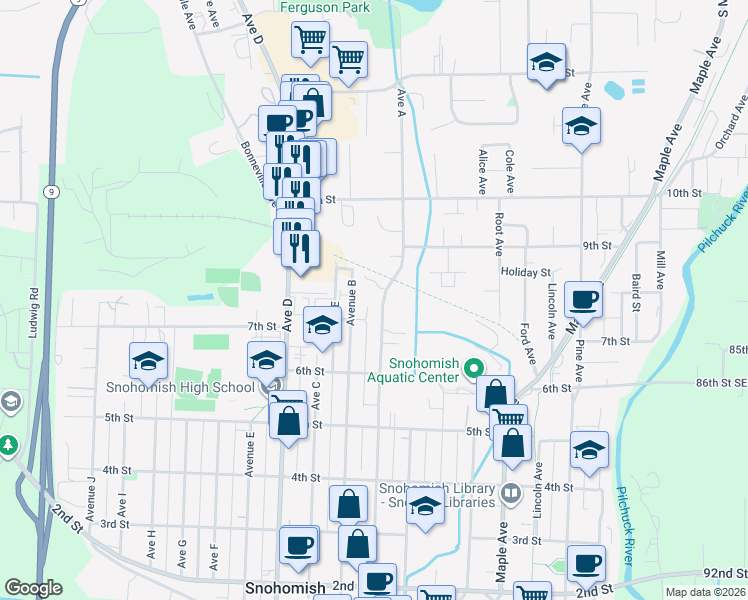 map of restaurants, bars, coffee shops, grocery stores, and more near 722 Avenue A in Snohomish