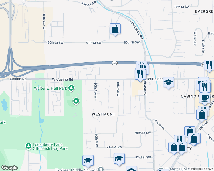 map of restaurants, bars, coffee shops, grocery stores, and more near 824 West Casino Road in Everett