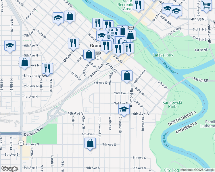 map of restaurants, bars, coffee shops, grocery stores, and more near 122 Walnut Street in Grand Forks