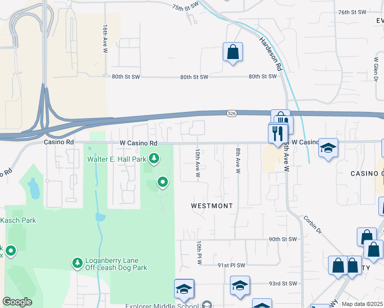 map of restaurants, bars, coffee shops, grocery stores, and more near 8510 10th Avenue West in Everett