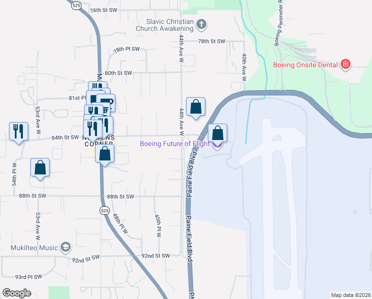 map of restaurants, bars, coffee shops, grocery stores, and more near 8425 44th Avenue West in Mukilteo
