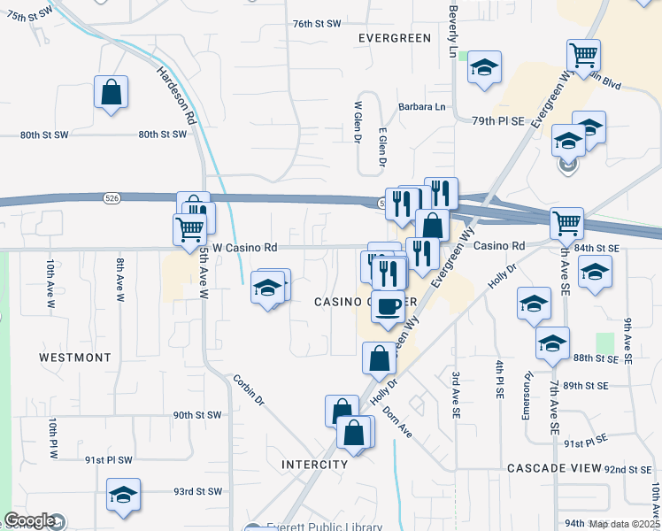 map of restaurants, bars, coffee shops, grocery stores, and more near 103 West Casino Road in Everett