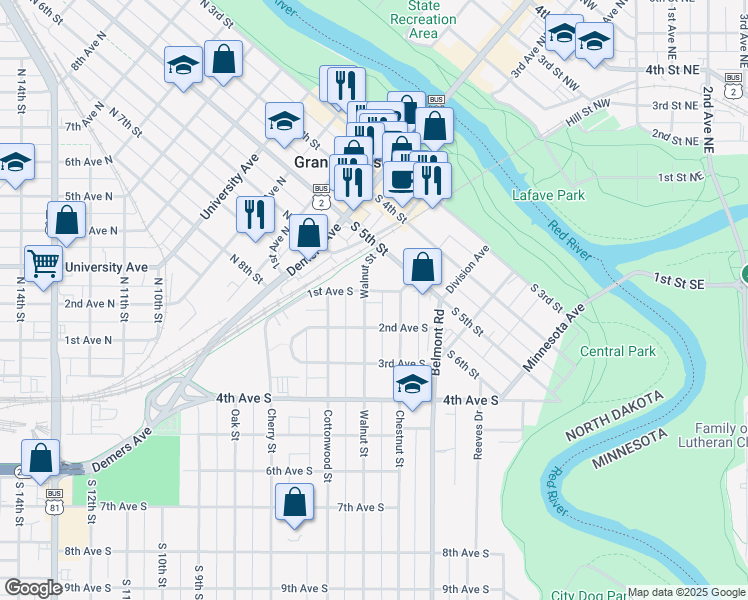 map of restaurants, bars, coffee shops, grocery stores, and more near 10 Roycerks Royce Lagrave Park in Grand Forks