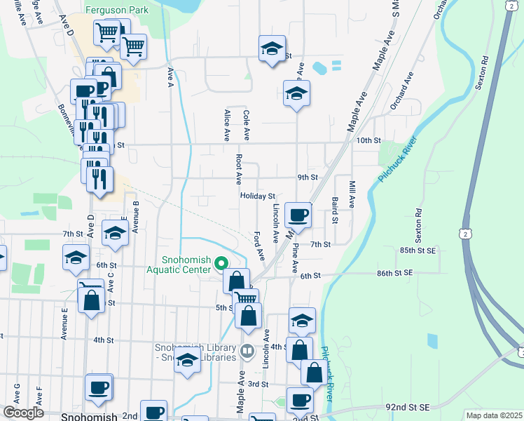 map of restaurants, bars, coffee shops, grocery stores, and more near 723 Ford Avenue in Snohomish