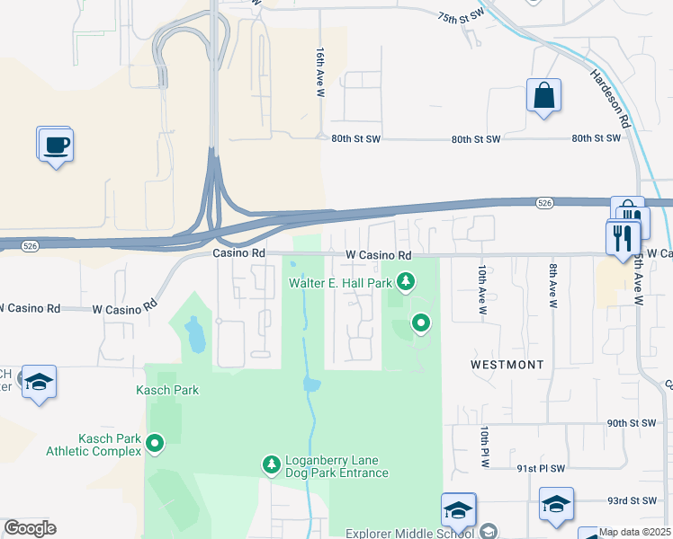 map of restaurants, bars, coffee shops, grocery stores, and more near 1520 West Casino Road in Everett