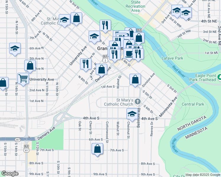 map of restaurants, bars, coffee shops, grocery stores, and more near 515 1st Avenue South in Grand Forks