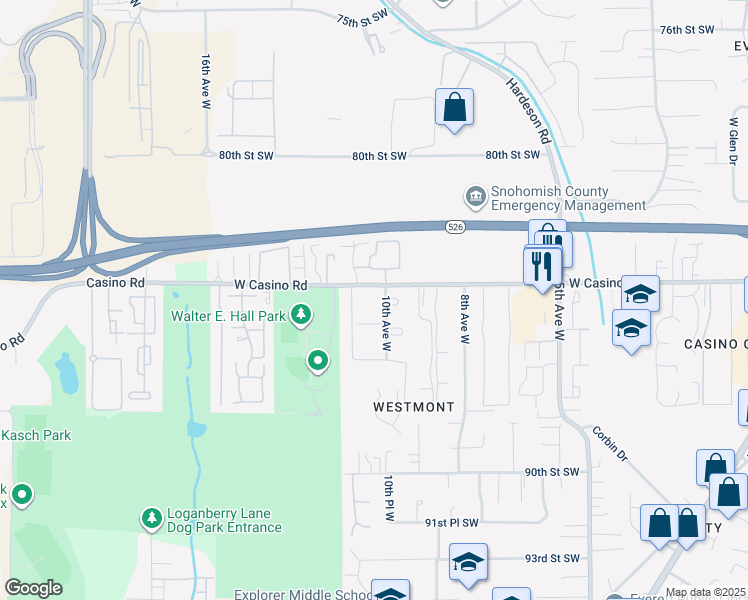 map of restaurants, bars, coffee shops, grocery stores, and more near 1020 West Casino Road in Everett