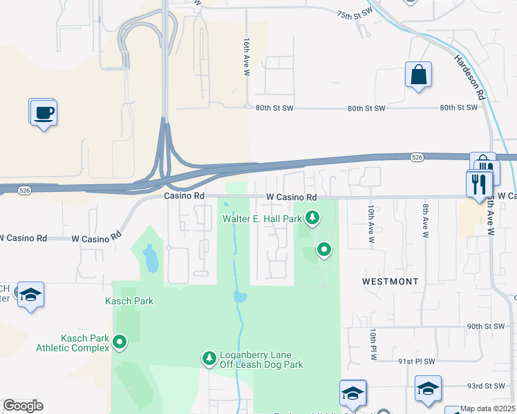 map of restaurants, bars, coffee shops, grocery stores, and more near 1505 Casino Road in Everett
