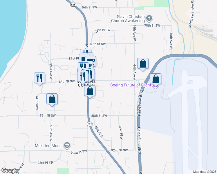 map of restaurants, bars, coffee shops, grocery stores, and more near 8505 46th Place West in Mukilteo