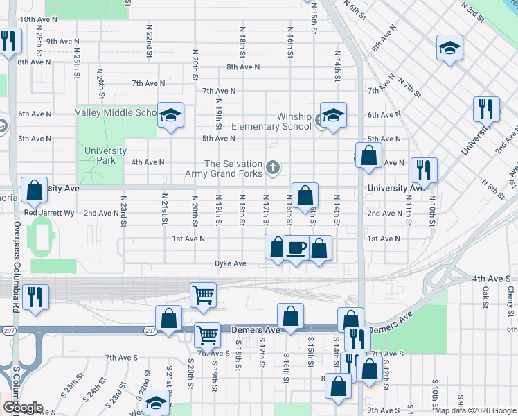 map of restaurants, bars, coffee shops, grocery stores, and more near 1711 University Avenue in Grand Forks