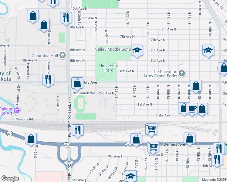 map of restaurants, bars, coffee shops, grocery stores, and more near 2313 University Avenue in Grand Forks