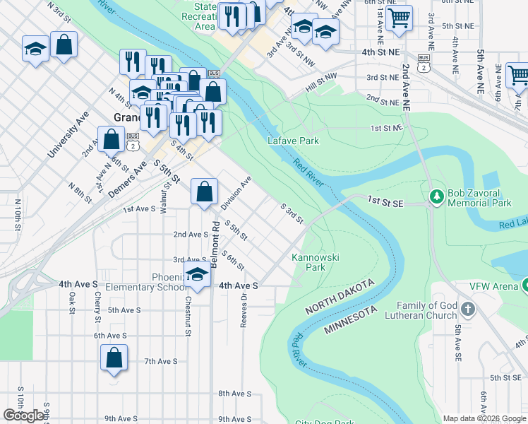 map of restaurants, bars, coffee shops, grocery stores, and more near 405 South 4th Street in Grand Forks