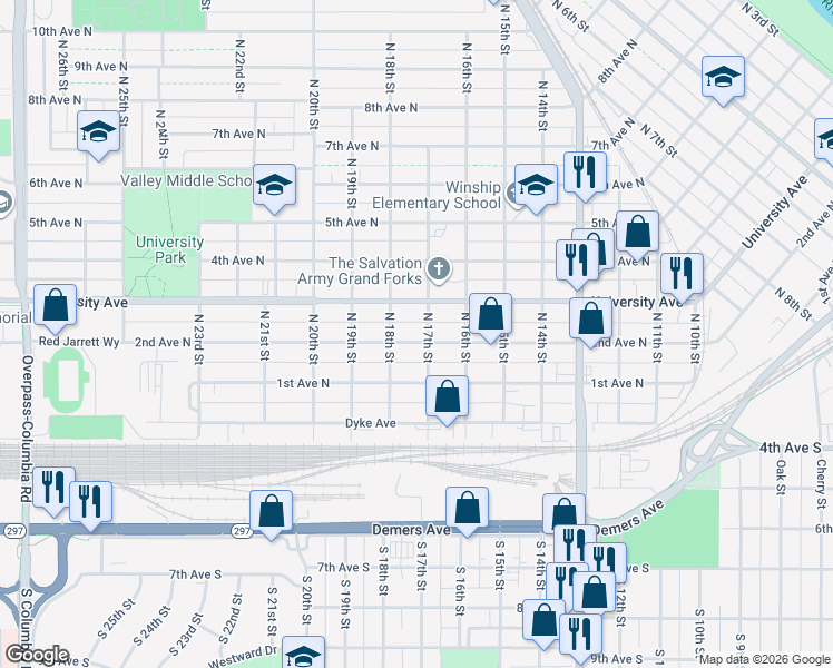 map of restaurants, bars, coffee shops, grocery stores, and more near 1711 University Avenue in Grand Forks