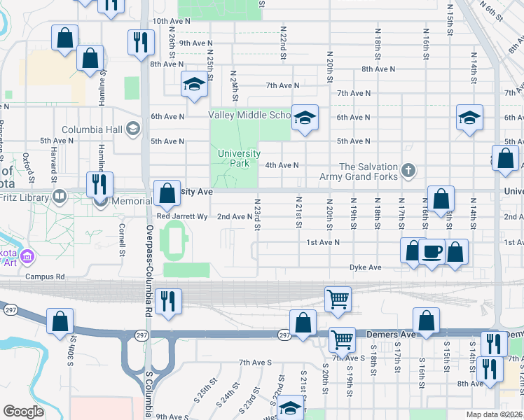 map of restaurants, bars, coffee shops, grocery stores, and more near 2224 2nd Avenue North in Grand Forks