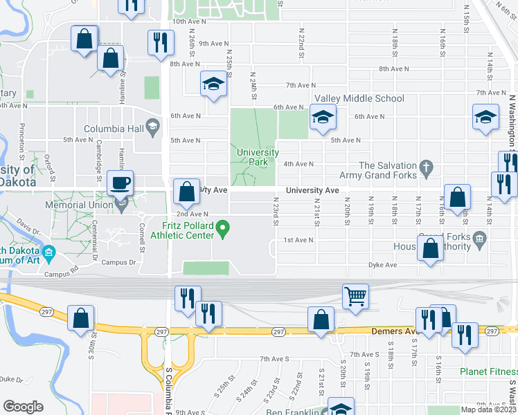 map of restaurants, bars, coffee shops, grocery stores, and more near 2320 2nd Avenue North in Grand Forks