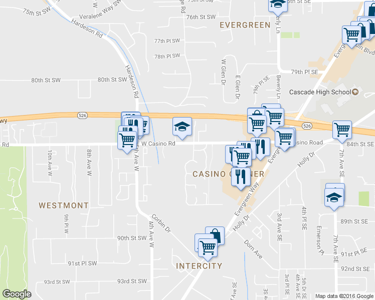 map of restaurants, bars, coffee shops, grocery stores, and more near 125 West Casino Road in Everett