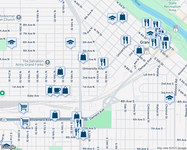 map of restaurants, bars, coffee shops, grocery stores, and more near 1107 University Avenue in Grand Forks
