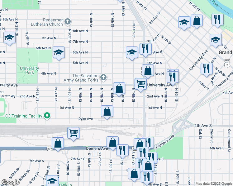 map of restaurants, bars, coffee shops, grocery stores, and more near 1509 University Avenue in Grand Forks