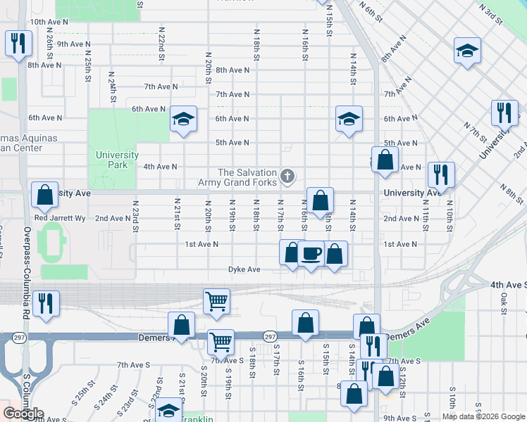 map of restaurants, bars, coffee shops, grocery stores, and more near 1711 University Avenue in Grand Forks
